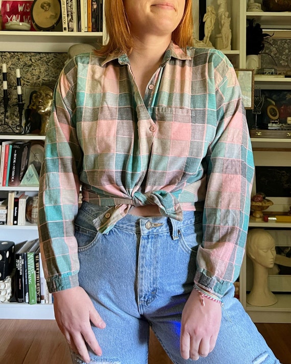 Vintage 1980s Pink and Blue Plaid Blouse - image 1