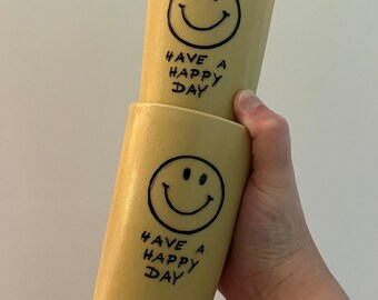 Vintage Set of Two Yellow Have A Happy Day Cup,  Plastic Smiley Face Tumbler Cup