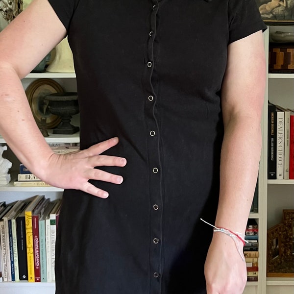 Vintage 1990s Moda International Black Snap Front Short Sleeve Dress