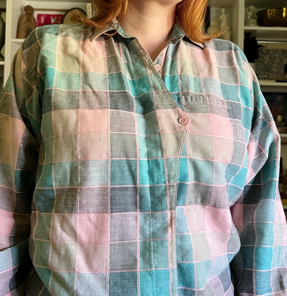 Vintage 1980s Pink and Blue Plaid Blouse - image 4