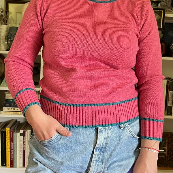 Vintage 1980s Joan Harper Bubblegum Pink Turquoise Trim Sweater