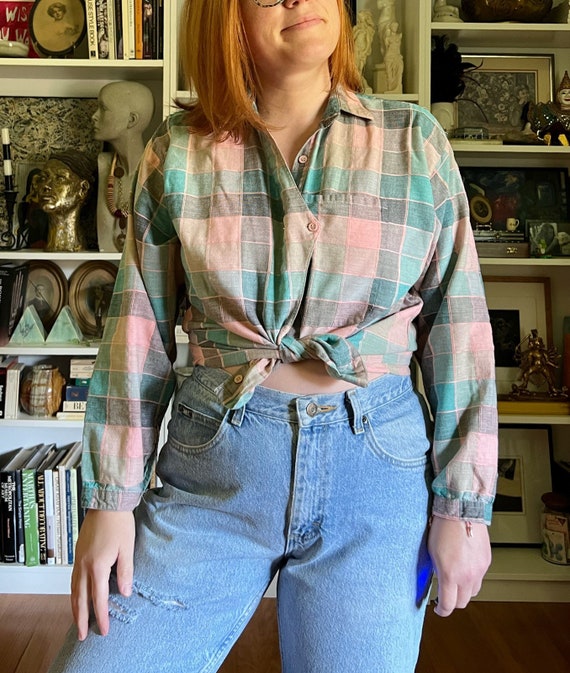 Vintage 1980s Pink and Blue Plaid Blouse - image 7