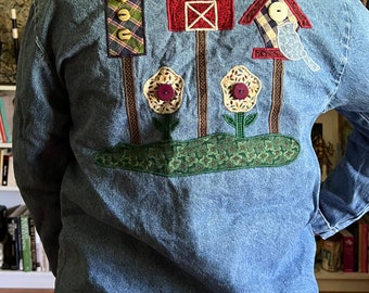 Vintage 1990s Denim Floral and Birdhouses Chore Jacket