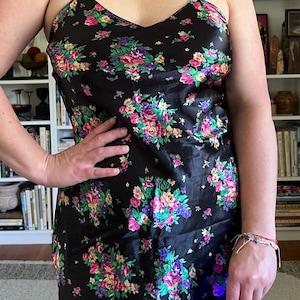 Vintage 1990s Black Satin Nightgown Floral Print Lingerie Silky Slip Dress Negligee Nightie