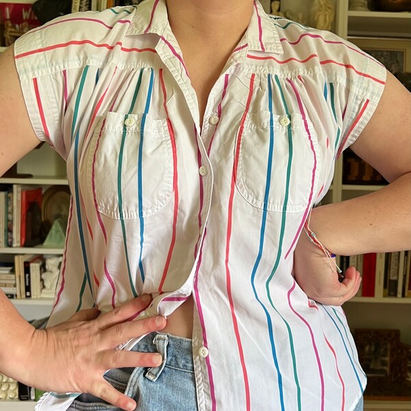 Vintage 1980s White Striped Cap Sleeve Button Down Blouse Basic Casual Summer