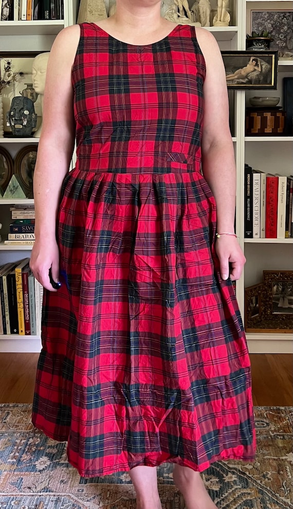 Vintage 1990s Red Plaid Button Down Jumper Dress