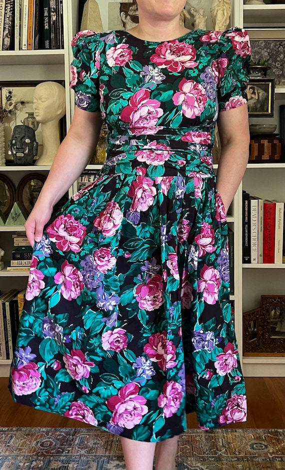 Vintage 1980s Floral Puff Sleeve Midi Dress