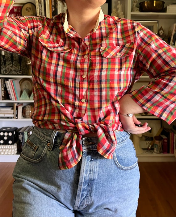 Vintage 1970s Red Checkered Plaid Blouse