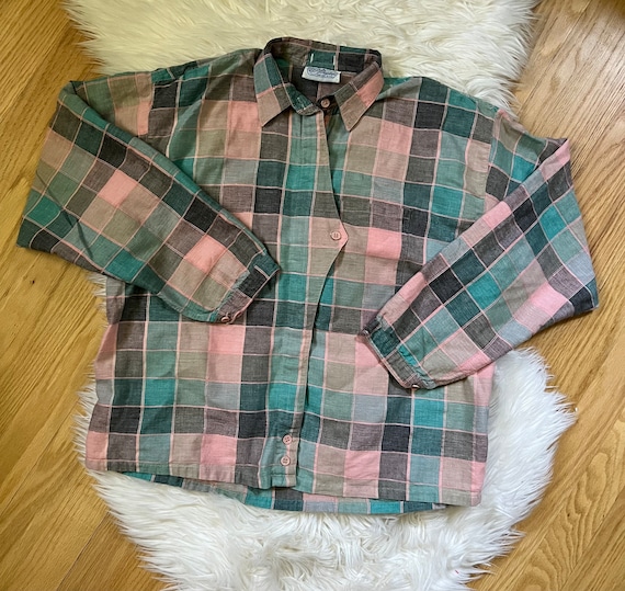 Vintage 1980s Pink and Blue Plaid Blouse - image 2