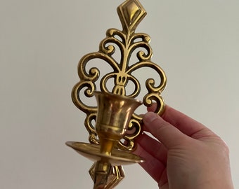 Vintage Brass Single Wall Mount Sconce Candle Holder Scroll Filigree