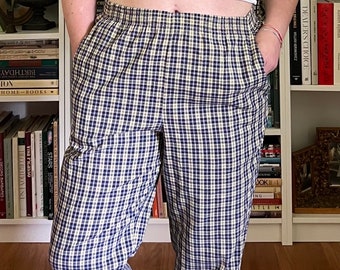 Vintage 1990s Blue Plaid Elastic High Waisted Trousers Straight Leg Pants