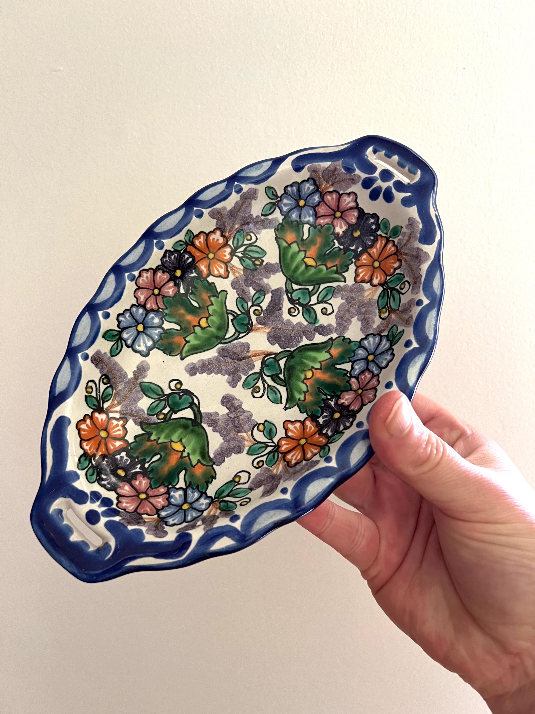 Vintage Talavera Dish: Blue Floral Mexican Folk Art Tray