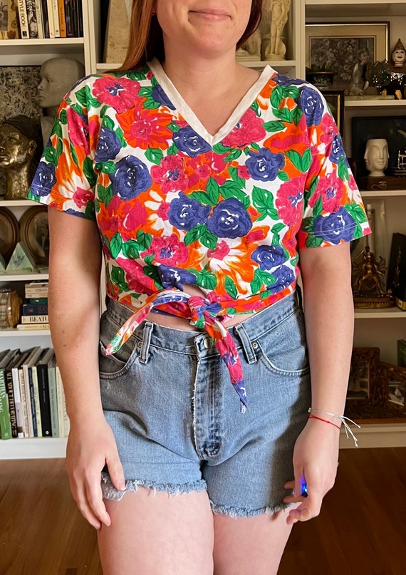 Vintage 1990s Floral Tie Front Cropped Shirt