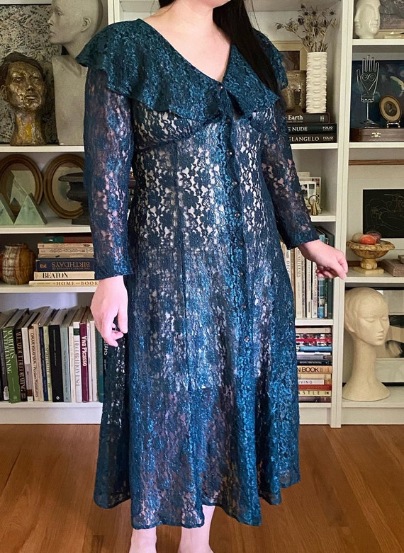 Vintage 1990s Green Lace Sheer Maxi Dress - image 1