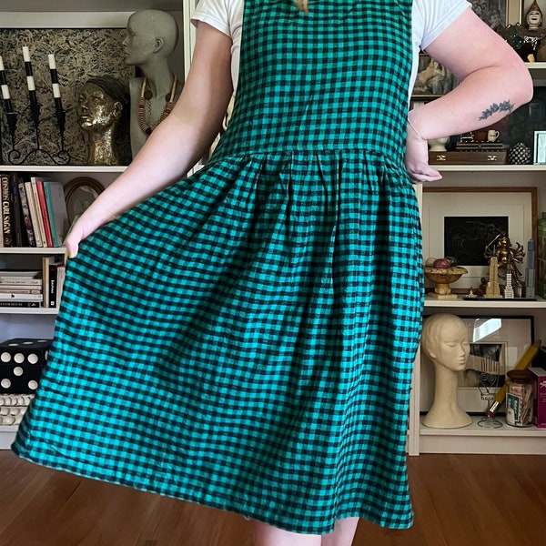 Vintage 1980s Green Plaid Side Button Jumper Dress