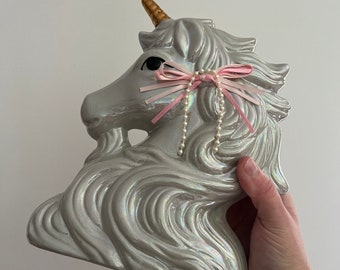 Vintage White Iridescent Pearlescent Vintage Unicorn Ceramic Children Decor Head 9"