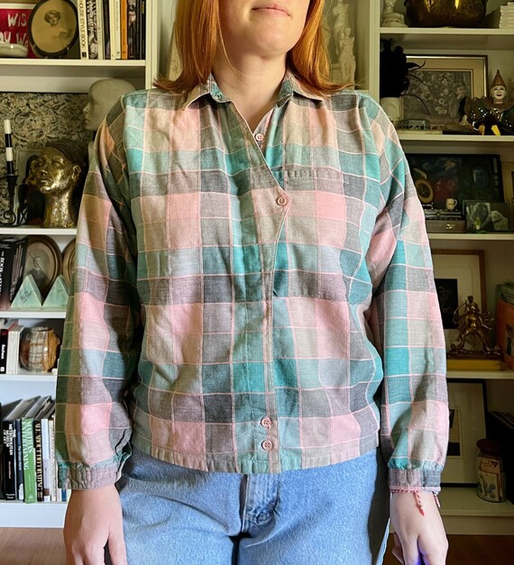 Vintage 1980s Pink and Blue Plaid Blouse - image 3