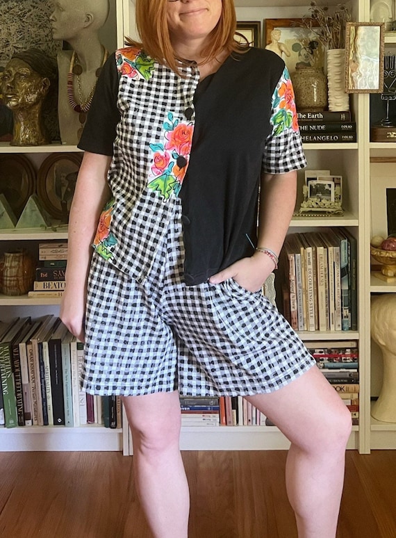 Vintage 1980s Black Gingham and Floral Shorts Set