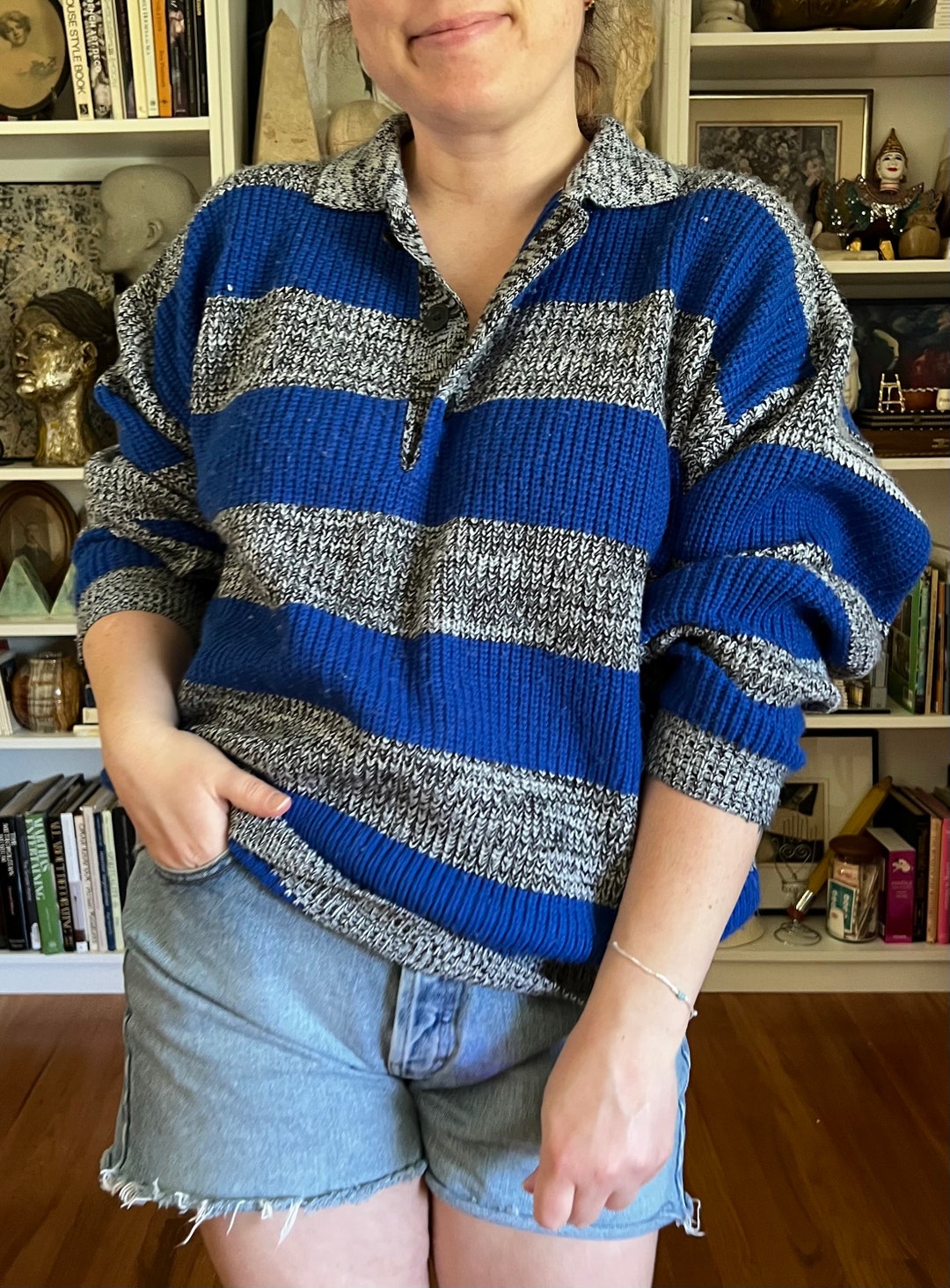 90s GISPA Geometric Blue Sweater | Women's Blue Long-Sleeved Knit| Bold Print Winter Pullover
