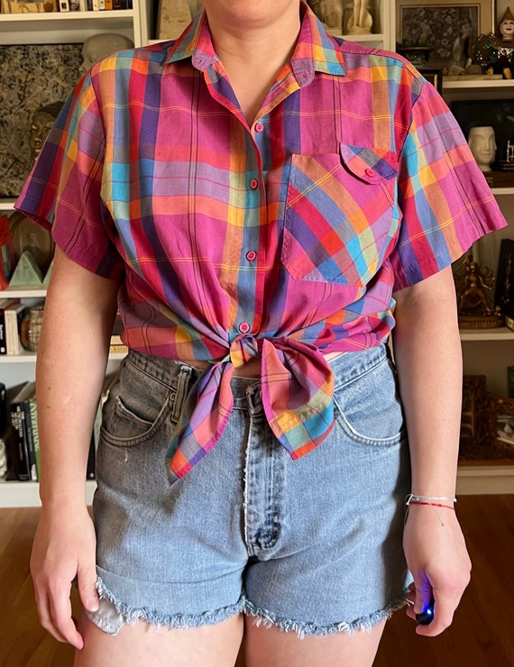 Vintage 1980s Pink Plaid Madras Button Down Blouse