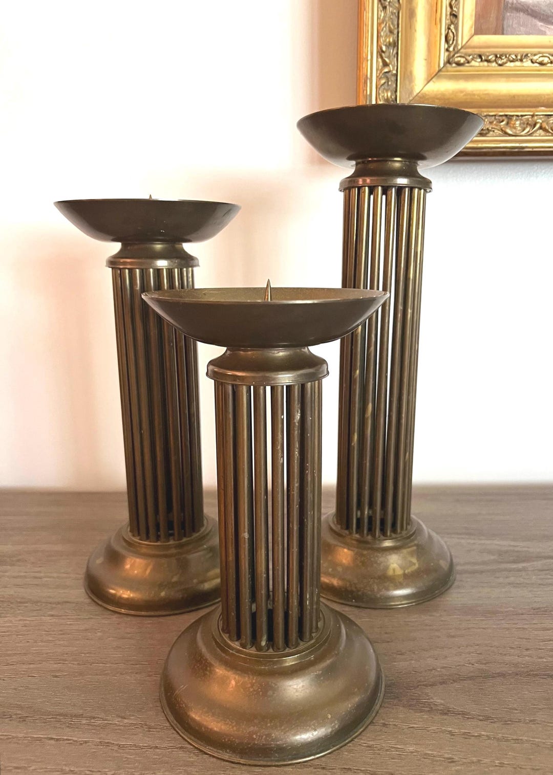 Vintage Set of Three Brass Column Pillar Round Candlestick Holders - Etsy