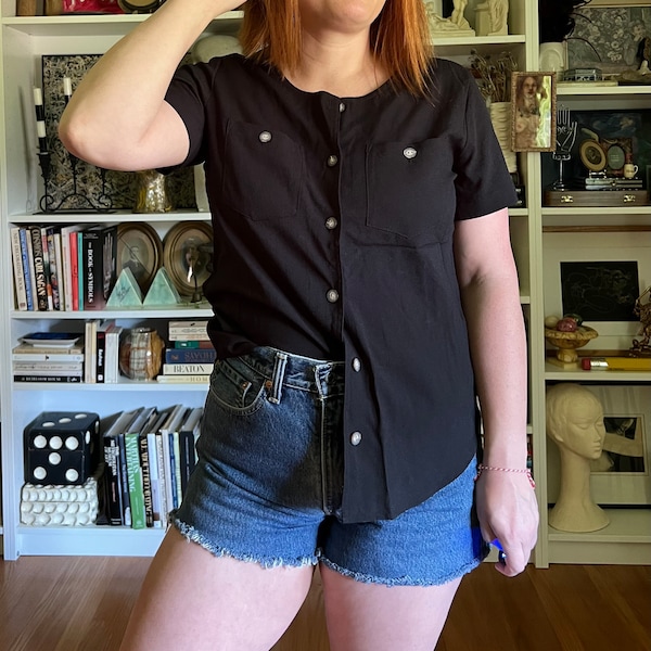 Vintage 1990s Black Double Pocket Button Down Blouse