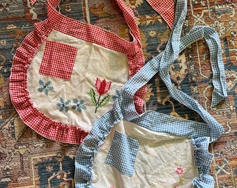 Vintage Set of Two Gingham Embroidered Floral Tie Back Ruffle Aprons Kitchen Baking Gift Handmade
