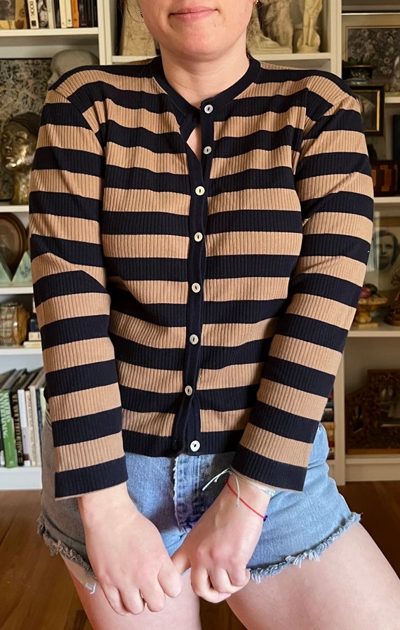 Vintage 1990s Brown and Navy Striped Blouse