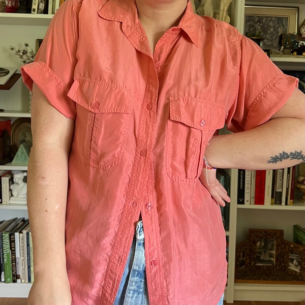 Vintage 1990s Silk Coral Short Sleeve Button Down Blouse Shirt Orange Peach