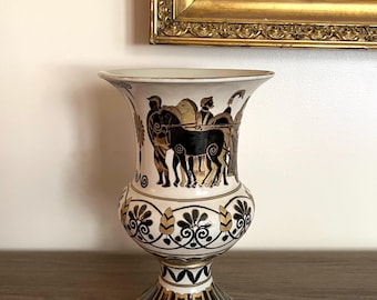 Vintage Large 12.5in  Black and Gold Grecian Roman Figurals Design Ceramic Urn Vase