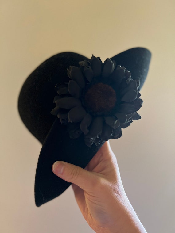 Vintage Black Felt Floral Wool Hat - image 5