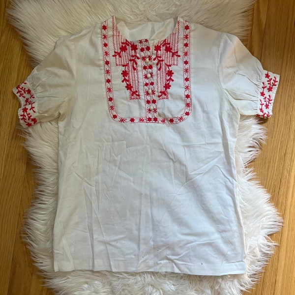 BLEMISHED Vintage Cream and Red Embroidered Peasant Blouse