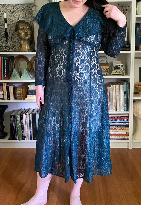 Vintage 1990s Green Lace Sheer Maxi Dress - image 3