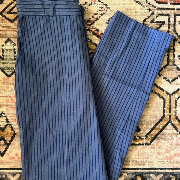 Vintage 1980s Blue Striped Straight Leg High Waisted Trousers Pants