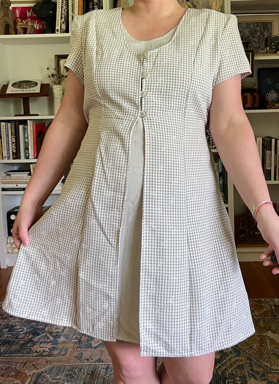 Vintage 1990s Brown and White Gingham Floral Dress