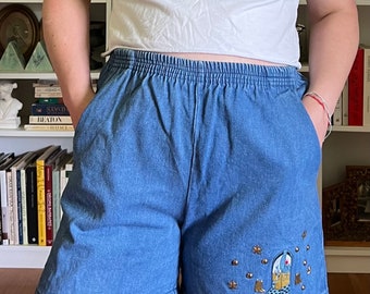 Vintage 1990s Denim Cowboy Boots Elastic Waist Shorts