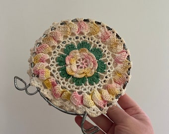 Vintage Crochet Napkin Holder, Kitsch Letter Holder, Floral Boho 1970's