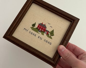 Vintage Handmade Mi Casa Su Cas Needlepont Cross Stitch Framed Art