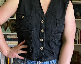 Vintage 1990s Black Denim Jordache Button Vest