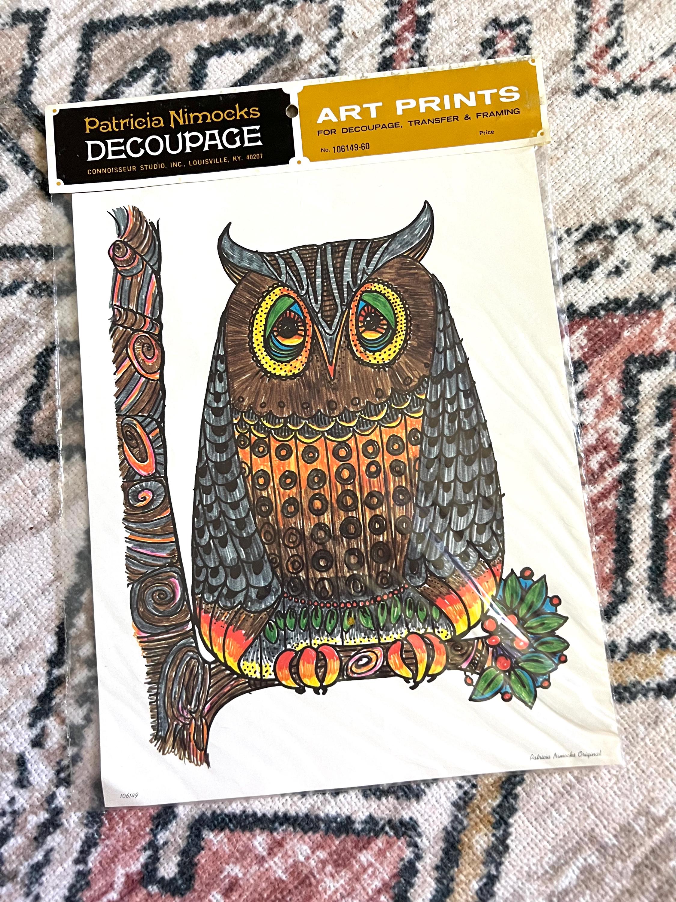 Vintage 1970s Patricia Nimocks Decoupage Owl Decal / Decoupage Art Print Framing Ephemera Journal Sc