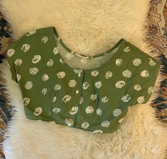 Vintage 1980s Green and White Dot Cropped Blouse - image 2