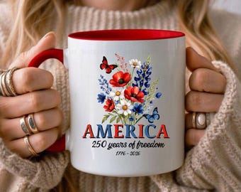 America 250 Mug, 250 Years Semiquincentennial, Floral Patriotic Coffee Mug, Independence Day Mug