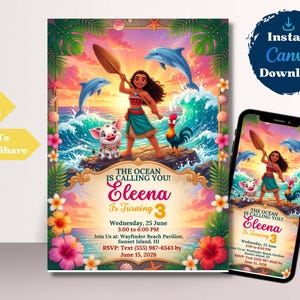 Puede incluir: Una plantilla de invitación de cumpleaños digital con una niña de dibujos animados sosteniendo un remo, un cerdo y un gallo en una playa con delfines y olas. El texto incluye THE OCEAN IS CALLING YOU! Eleena Is Turning 3, fecha y lugar.