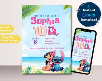 Editable Angel & Stitch Birthday Invitation, Printable Template, Lilo and Stitch birthday Party Invite, Canva Template, Instant Download