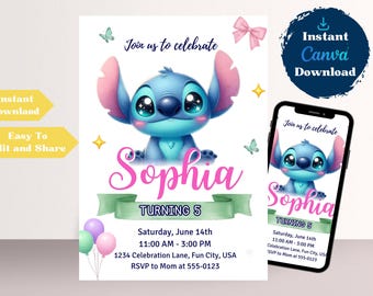 Stitch Birthday Invitation: Editable Canva Template (Digital Download)