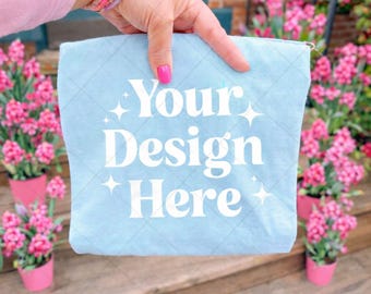 Chambray Comfort Colors 1717 Mockup | Easter Spring Mockup | Hand Holding Folded Shirt | Blue Shirt for Spring | Outdoor Floral Mockup