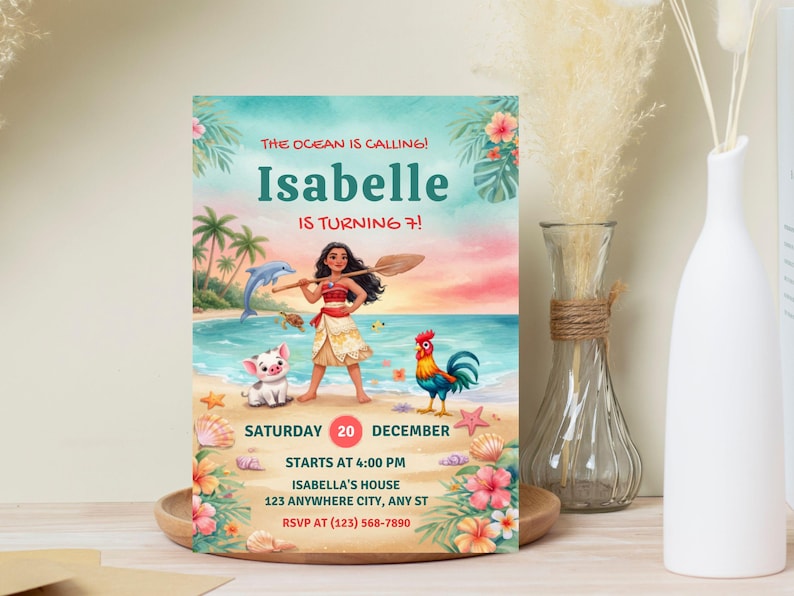 Editable Moana Birthday Invitation | Canva Template Evite | Printable Ocean Theme Party Invite for Girl | Digital Download Invitation