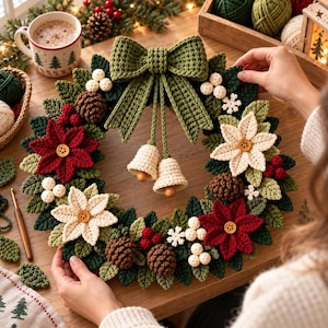 May include: A round crochet Christmas wreath featuring green leaves, red and cream poinsettia flowers with wooden buttons, brown pinecones, white berries, small white snowflakes, and two cream bells hanging from a large green bow.