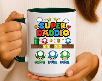 Personalised Super Daddio Mug, Gamer Dad Gift, Ceramic Coffee Cup