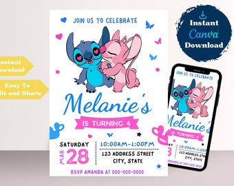 Lilo & Stitch Birthday Invitation, Editable Canva Template, Kids Party Invite (Digital Download)